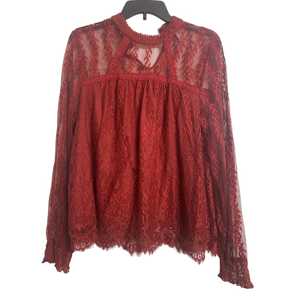 Womans Red Floral Lace Mock Neck Long Sleeve Blouse Top Sz L